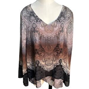 One World Womens Size Large Ombre Paisley Print V Neck Long Sleeve Blouse Top